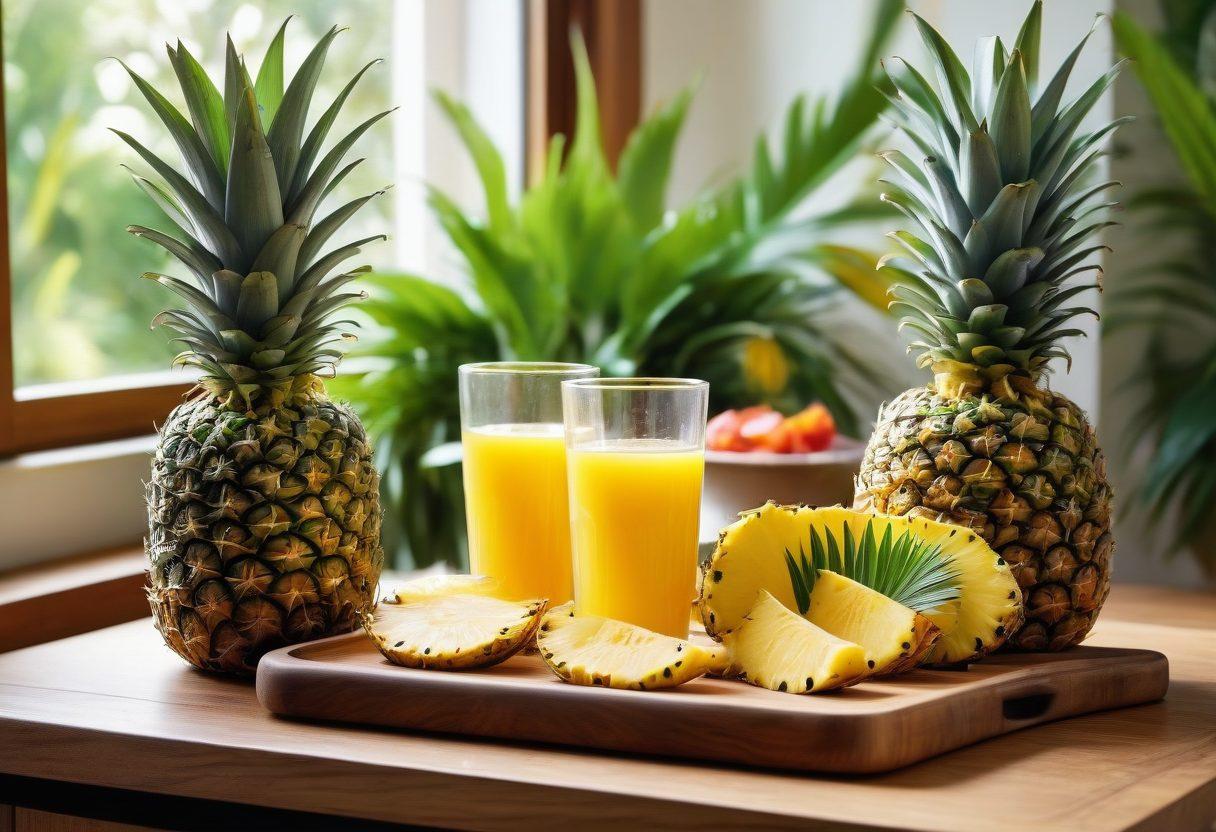A vibrant kitchen scene showcasing fresh pineapples sliced open, surrounded by tropical foliage. Include a wooden cutting board, a glass of pineapple juice, and health-centric dishes made with pineapple. Bright, sunny lighting enhances the tropical feel, conveying a sense of freshness and vitality. super-realistic. vibrant colors. warm sunlight.