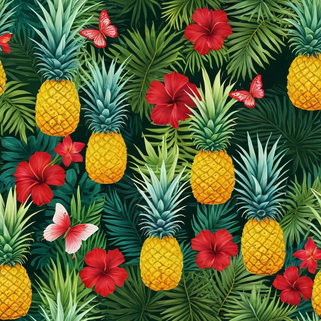 A vivid and whimsical scene featuring a lush, tropical landscape with pineapples growing in an imaginative, oversized garden. A diverse group of bloggers, each with unique styles, is seen gathering inspiration from the pineapples, while colorful butterflies flutter around. Bright sunlight casts a cheerful glow over the scene, highlighting the vibrant colors of the pineapples and the lush greenery. Joyful and creative energy radiates from this unique setting. super-realistic. vibrant colors. tropical theme.
