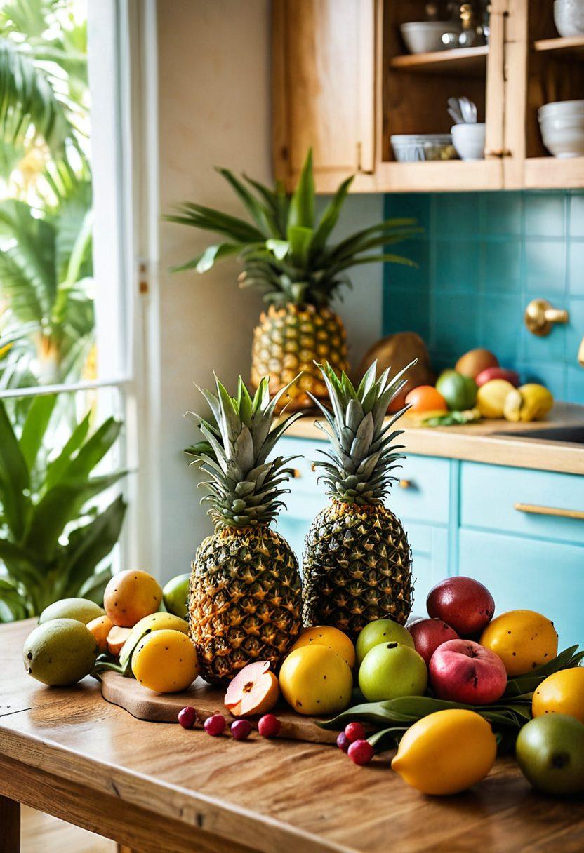 A vibrant kitchen scene featuring a ripe pineapple at the center, surrounded by colorful tropical fruits like mangoes and coconuts. The background showcases an inviting kitchen environment with sunlight streaming in, emphasizing freshness and creativity. Include playful kitchen utensils and a beautifully set dining table, suggesting joy in cooking and dining. Bright colors enhance the tropical theme. super-realistic. vibrant colors. sunny atmosphere.